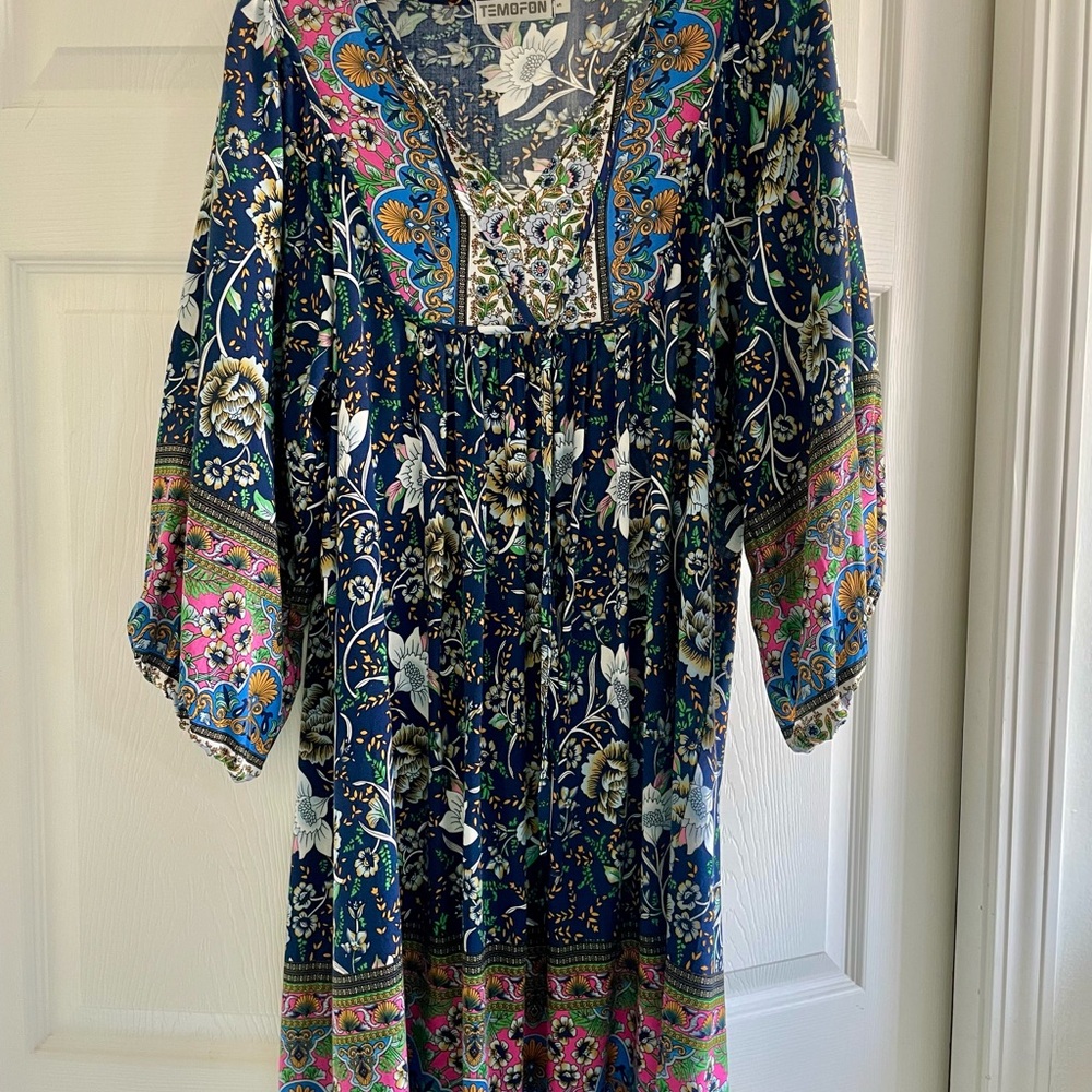 Women's Floral Bohemian Dress - Blue and Pink